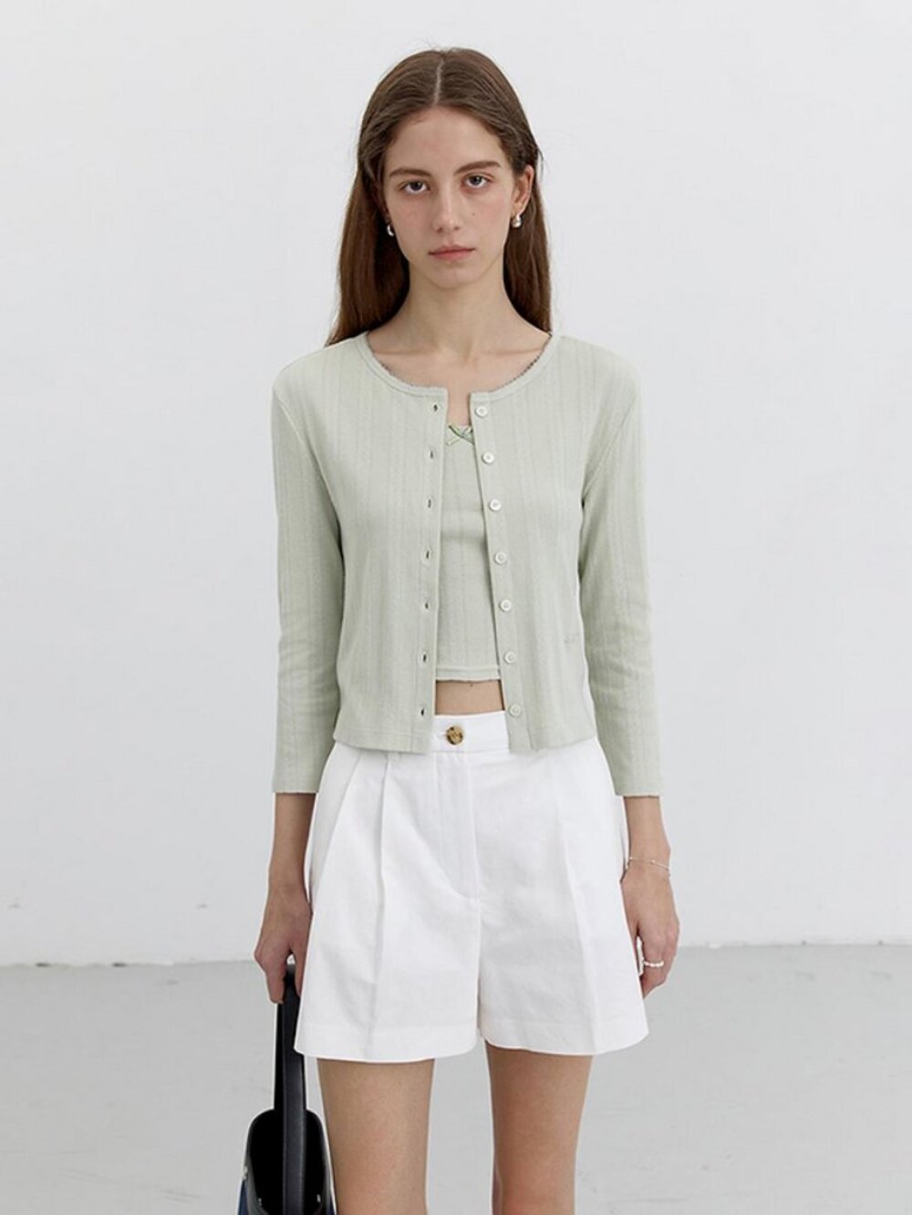 Dunst for WOMEN  POINTELLE CREWNECK CARDIGAN and Camisole set GREEN